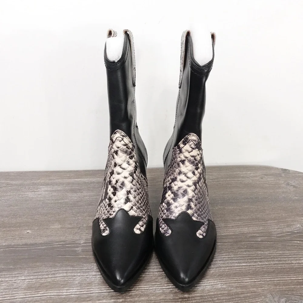 New! Frye Sara Wingtip Boots Womens Size 6M Black Snake Western Mid‎ Calf